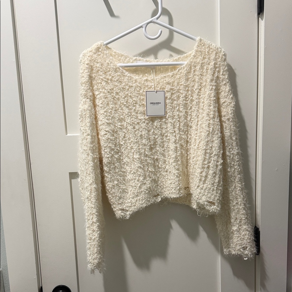 Distressed Plush Cream Textured Sweater Y2K Super Soft M